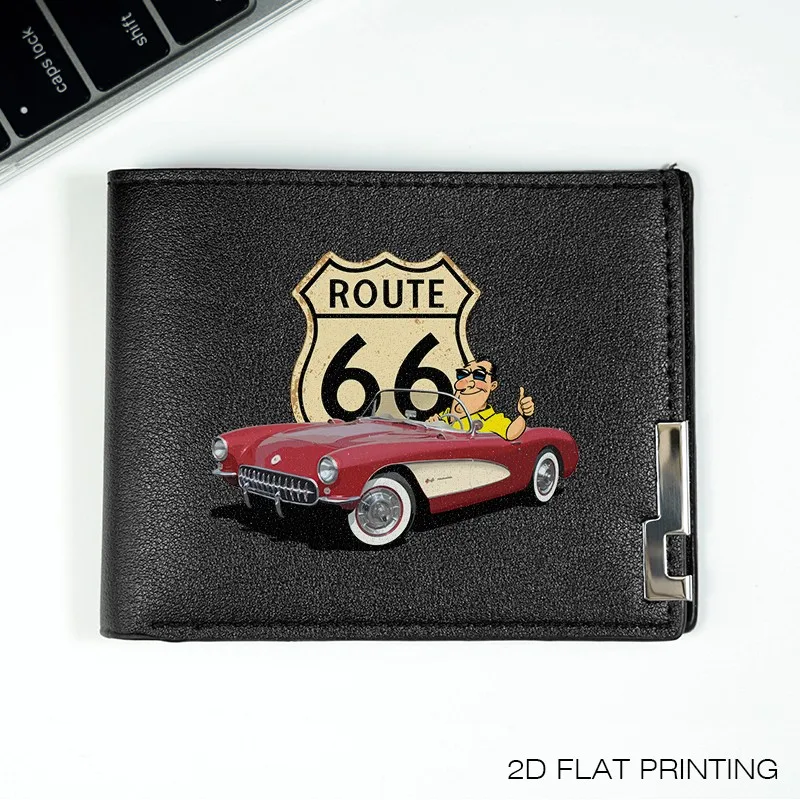 ROUTE 66 Diseño de coche clásico Cartera delgada de PU para hombre Estilo de negocios LUZ duradera Uso diario Accesorios de moda