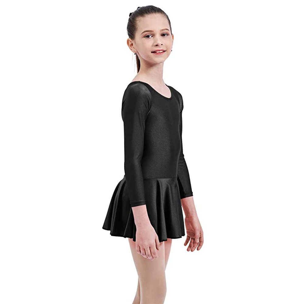 Aoylisey Justaucorps de danse rose à manches longues avec jupe pour filles Gymnastique Bosysuit Col rond Costumes en spandex Vêtements de danse en nylon