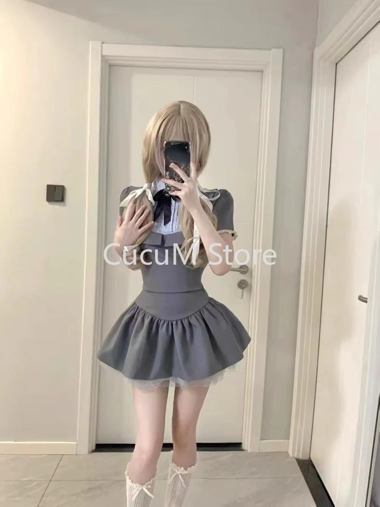 Korean Fashion Y2k Crop Tops High Waist Kawaii Slim Mini Skirt Hot Girls 2000s Preppy Style Grey 2 Piece Set Summer Women