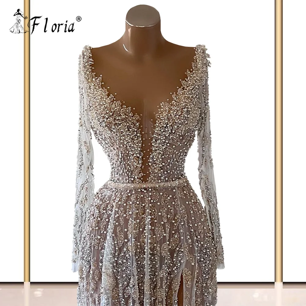 Rất Nhiều Đính Hạt Ngọc Trai Áo Dây De Soiree Cao Cấp Sheer CỔ V Nàng Tiên Cá Xẻ Đầm Vestido De Fiesta De Boda Tay Dài Suknie wieczorowe