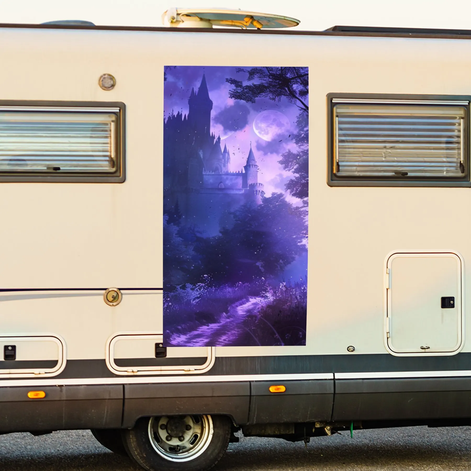 

Moonlit Castle in Forest Motorhome Car Door Sticker PVC Self Waterproof Stick, Striking Auto Exterior Accessories Decor Protect