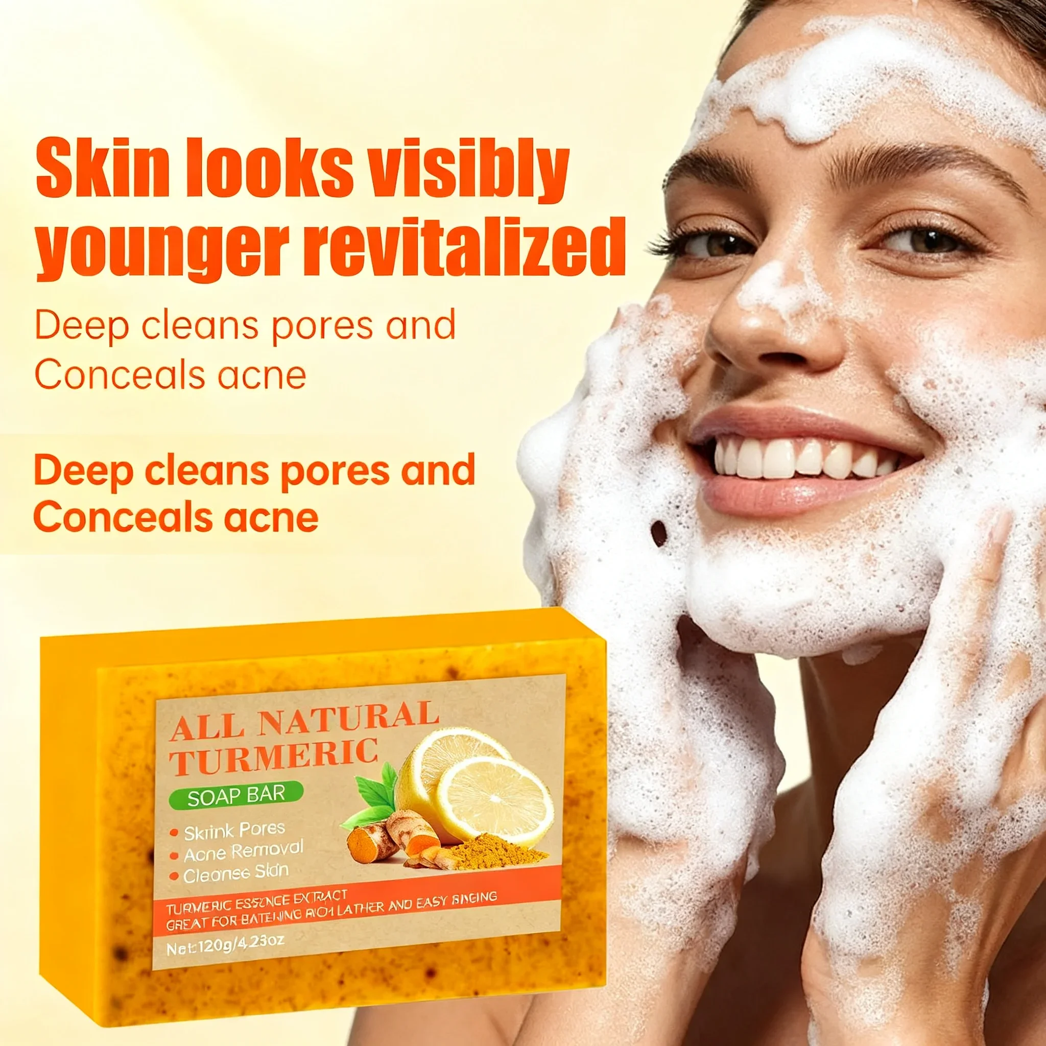 

Pore-Minimizing Turmeric Soap - Natural lemon formula for acne-prone skin. Deep cleanses, brightens complexion & moisturizes