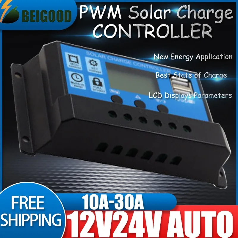 PWM Solar Controller 10A 20A 30A 12V 24VAUTO Voltage Regulator for PV Panels Battery with LCD Dual USB