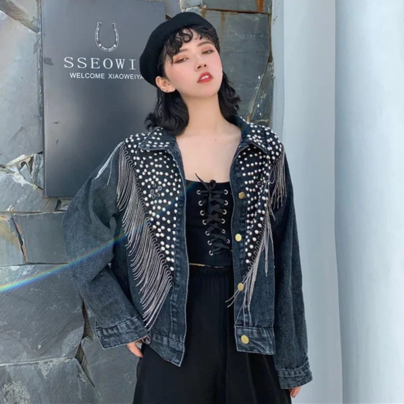 Black Oversized Rivets Women Denim Jacket With Tassel 2024 Spring Streetwear Vintage Ladies Jeans Jacket Coat Loose Outwear