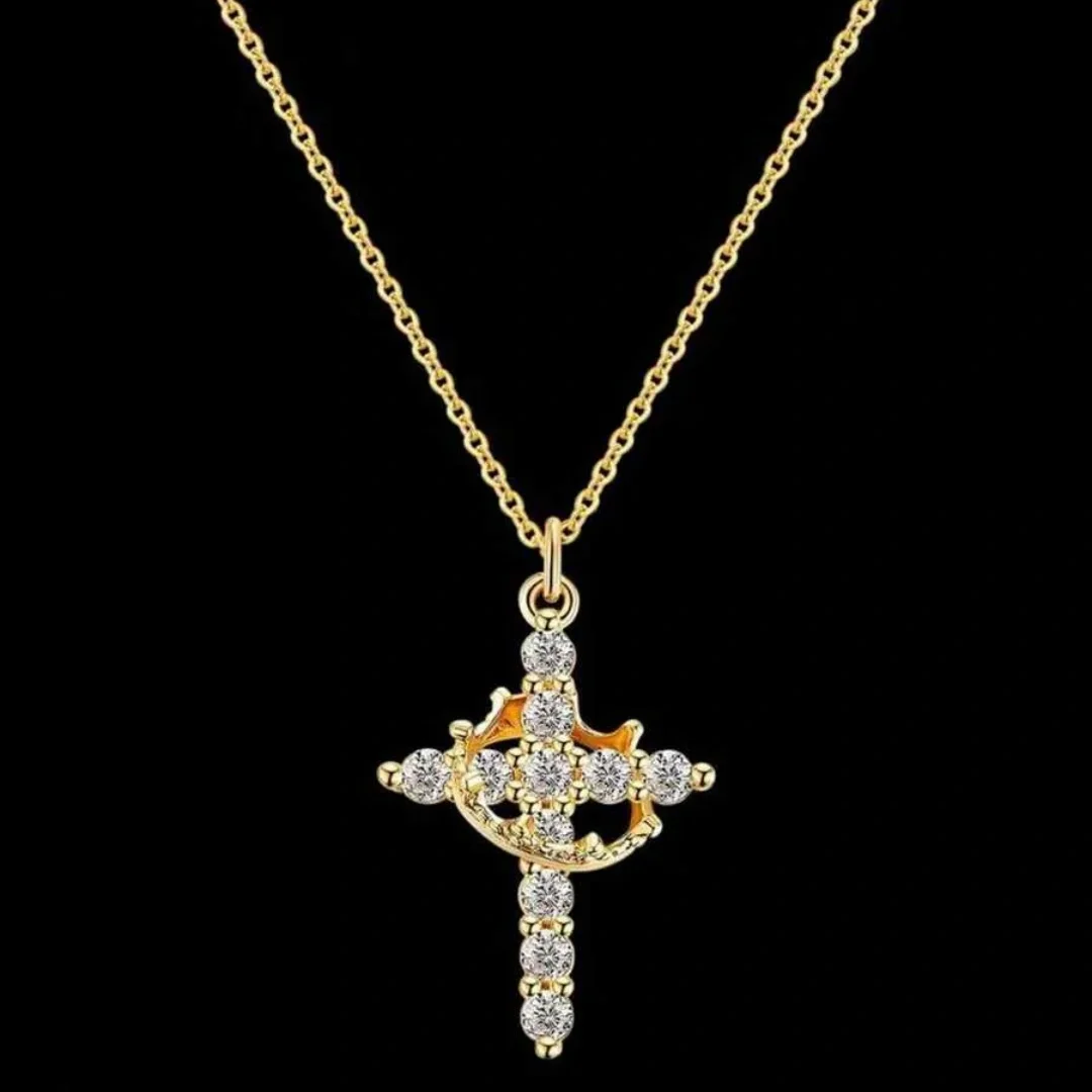 Collar de cruz de corona mejorado para mujer, colgante de diamante Simple chapado en oro de 14 quilates, joyería de fe, regalo de primera comunión para mamá y madre