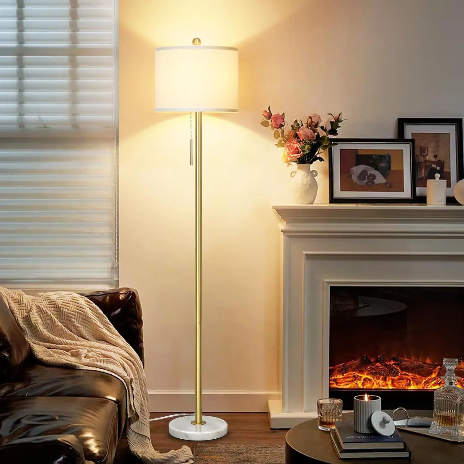 Dimmbare goldene Stehlampe mit Marmorsockel, 63 Zoll moderne Stehleuchte für Wohnzimmer, Schlafzimmer, Büro