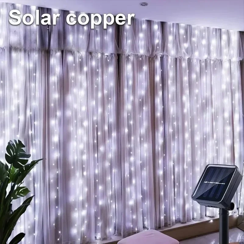 300/200/100 LED Solar Curtain Lights Outdoor Waterproof Fairy String Lights With 8 Modes for Garden Window Bedroom Wedding