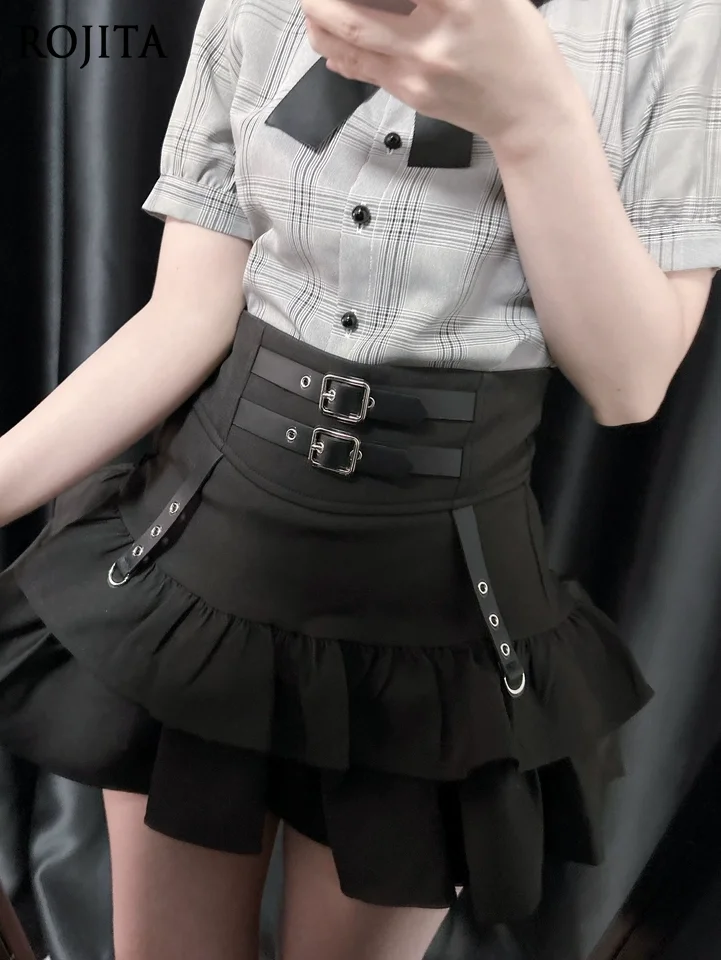 

Balck Skirt Women Lolita High Waist Leather Buckle Half Skirt Elastic Waist Subculture Leather Buckle A-line Cake Skirt