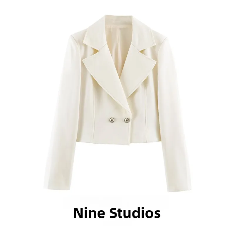 

NINE ZAR Women's Casual Short Double-Breasted Suit Jacket Versatile Top 2753338 Long Sleeve Polyester Fabric Flat Collar