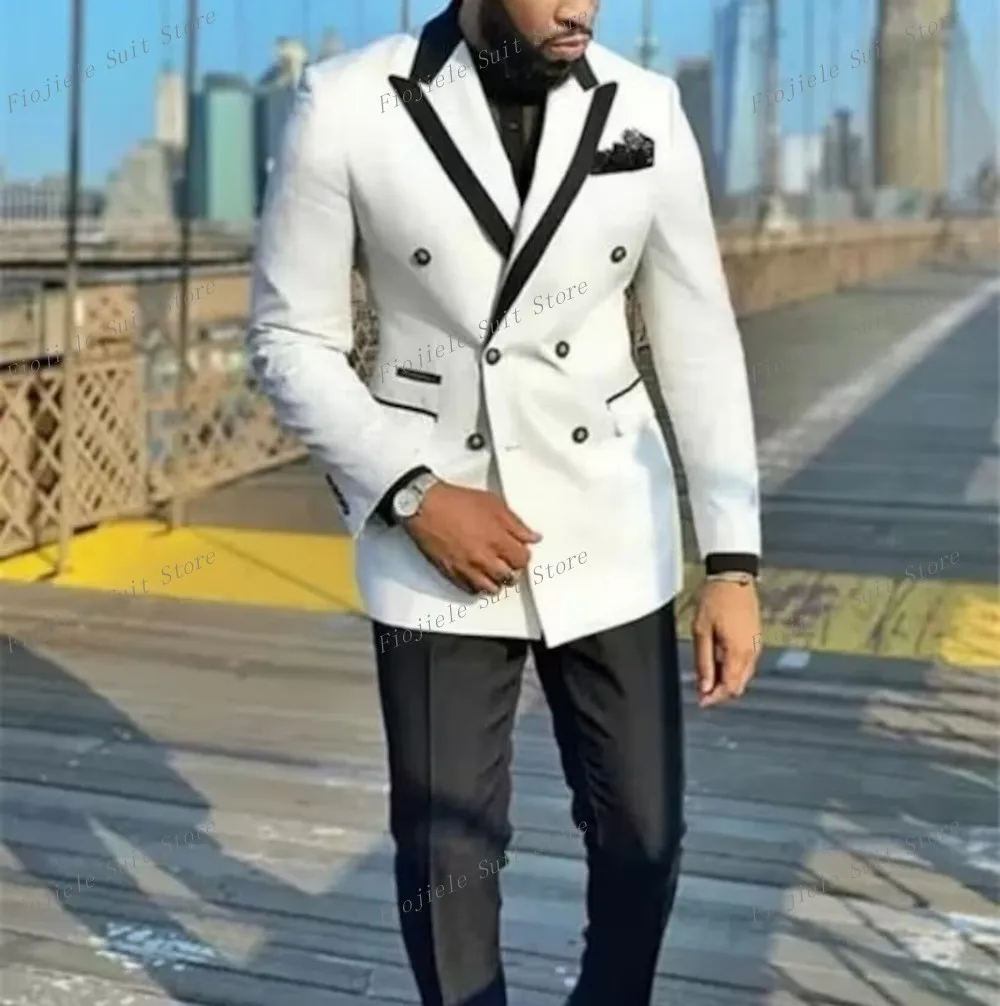 

New White And Black Business Men Suit Groom Groomsman Wedding Party Prom Formal Occasion Male Tuxedos 2 Piece Set Blazer Pants