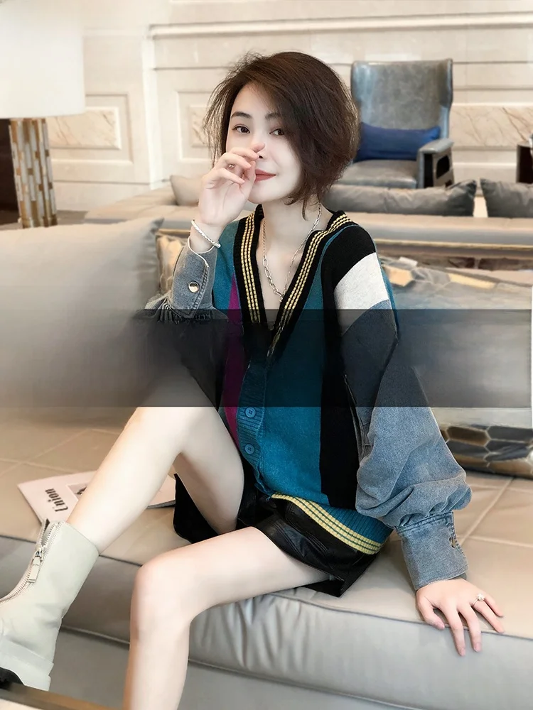 

Loose V-Ne Knitted Denim Cardigan Women's Trendy Design Sense Spring Autumn Outerwear Korean Sle Long Sve Coat