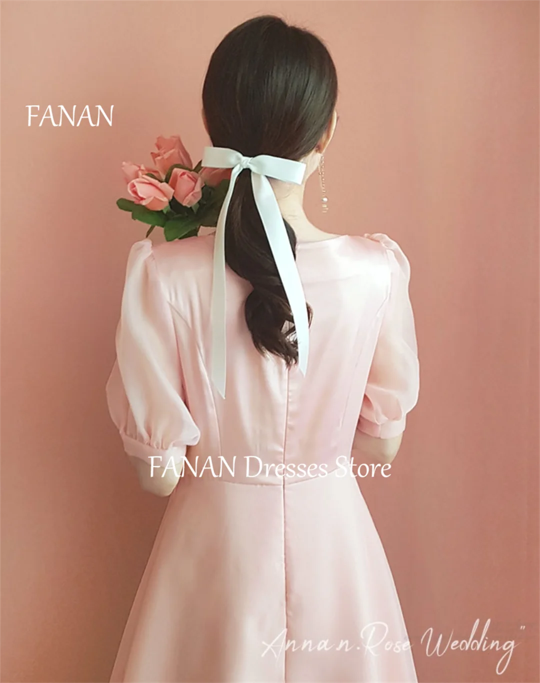 FANAN V-Neck Organza Short Sleeves Simple Evening Party Dresses Vintage Korea Pink Wedding Women Formal Gowns Event Prom Gowns