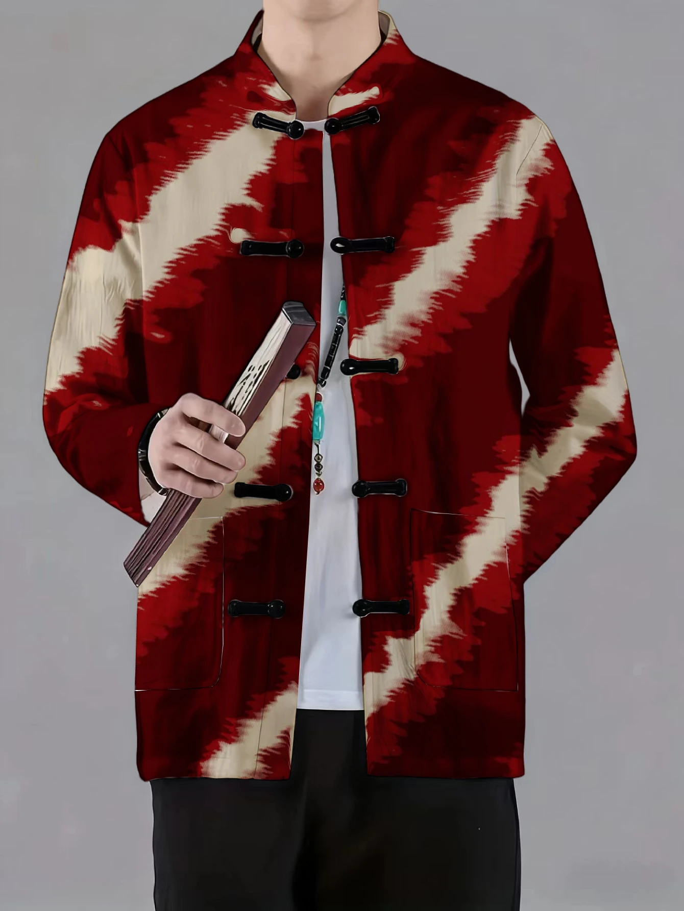 Men Mandarin Collar Frog Button Jacket Marble Leopard Floral Tie Dye Art Print Traditional Outerwear