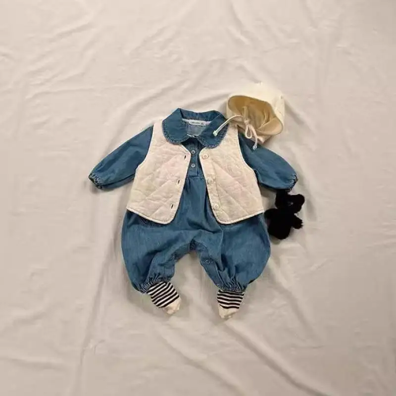 2024 Herbst neue Baby Langarm Denim Stram pler solide Kleinkind Jungen Mädchen Mode Revers Overall Neugeborene Kleinkind Freizeit kleidung 0-24m