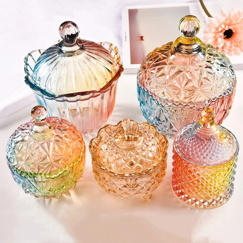 

Colorful Amber Glass Candy Jar Small Diamond Storage Container De-Magnetizing Bowl Sealed Stripe Home Storage Bottles
