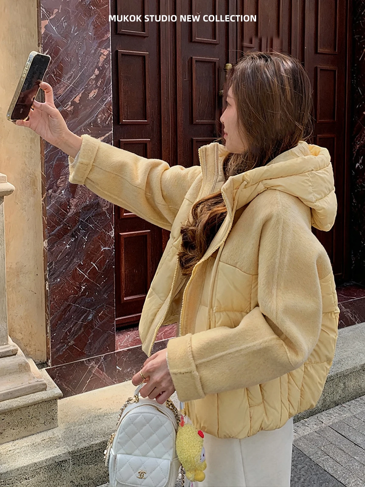 

Шерстяное пальто MUKOK в клетку с интегрированной шапкой, из 90% овечьей шерсти, с оригинальным дизайном, короткое, женское, модное, зимнее