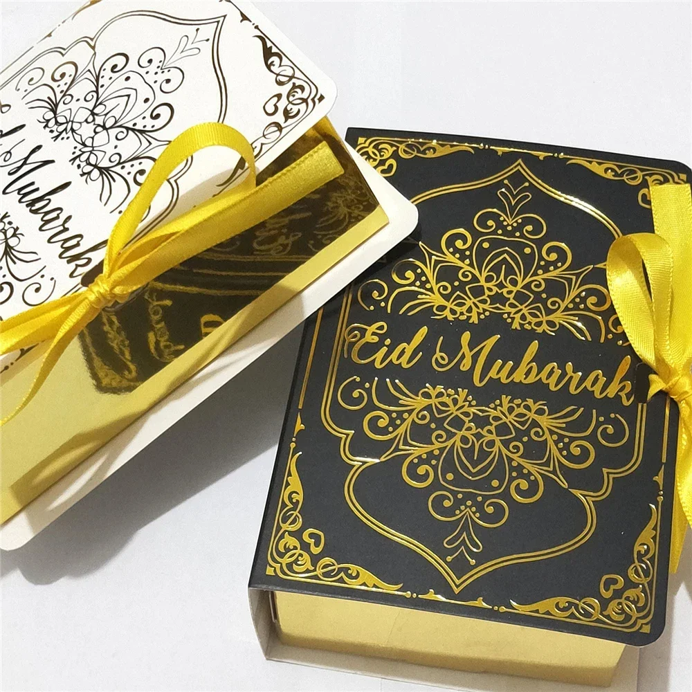 Gold White Eid Mubarak Candy Box Gift Box Book Shape Candy Chocolate Packaging Boxes Ramadan Decorations Islam Muslim Party Favo