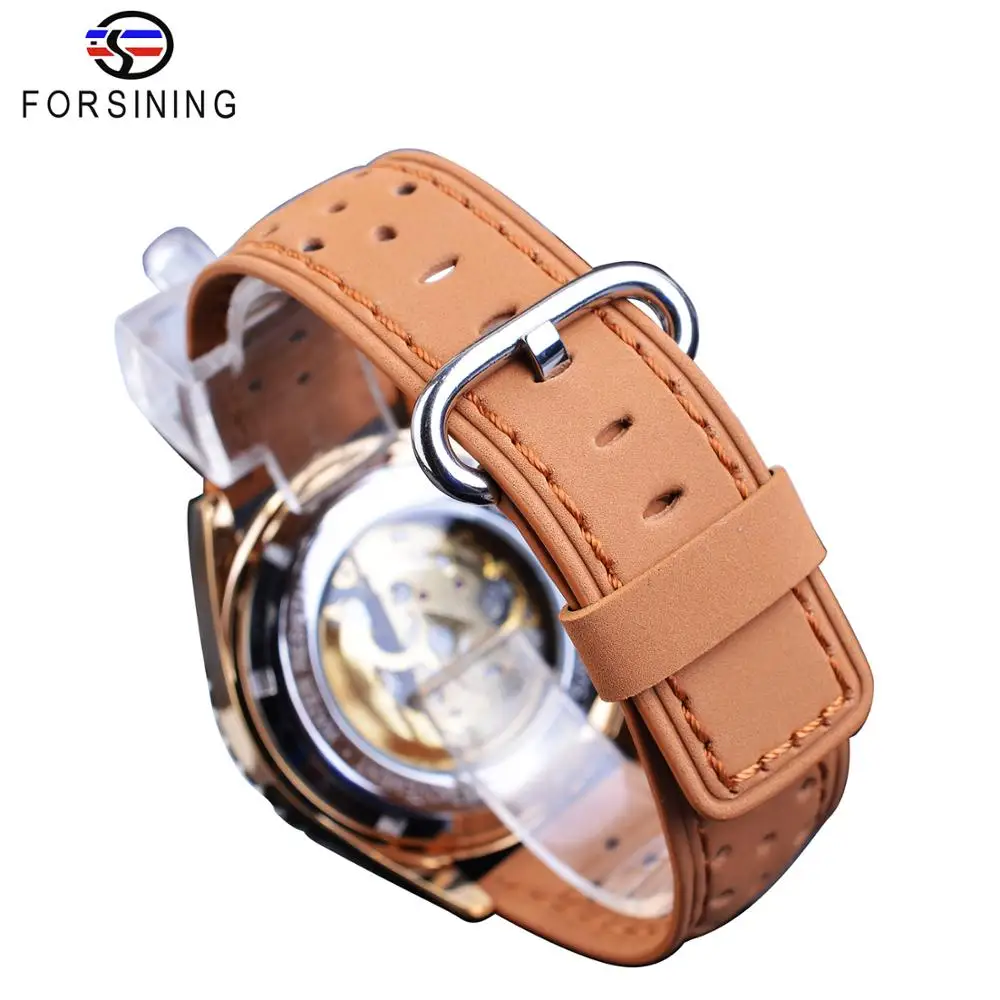 Fashion Forsining Brand Unique Men Watch Automatic Creative Half Blue White Hollow Dial Genuine Leather Mechanical Clock Relojes