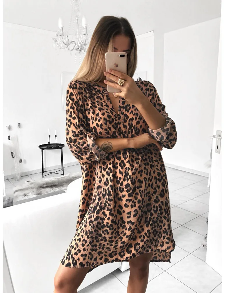 

Sexy Leopard Print V Neck Dress Lady Summer Loose Casual Irregular Crop Shirt Dresses 2024 Fashion New Elegant Women Clothing