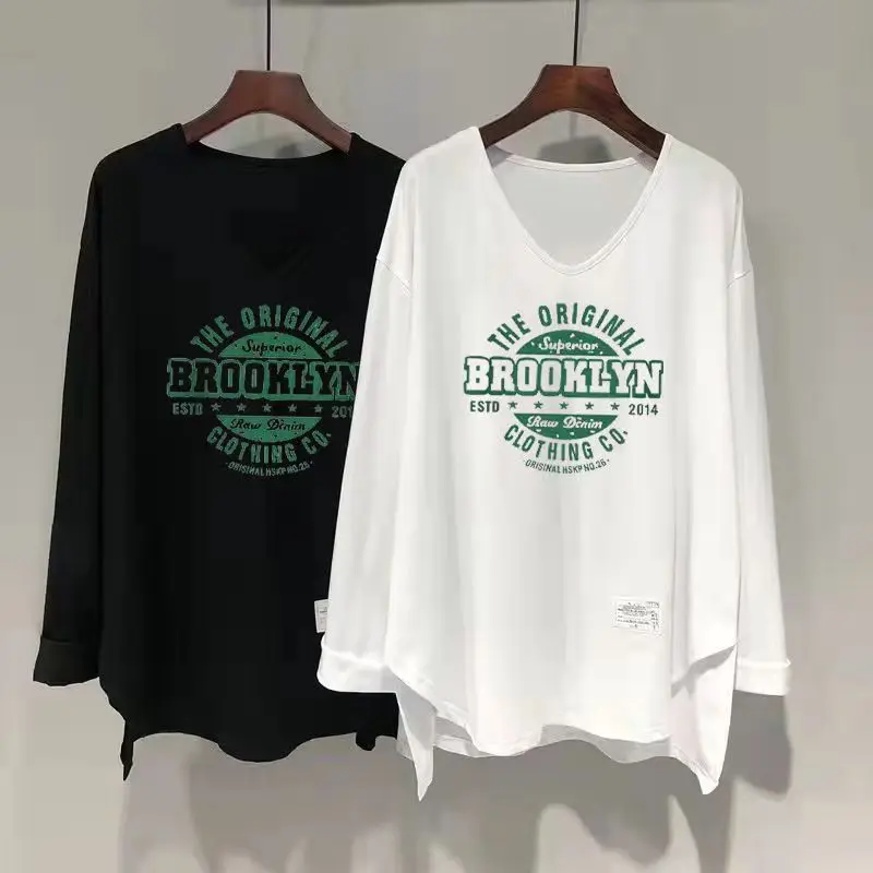 Spring New Thin Split Hem Plus Size T Shirt Tops Long Sleeve V Neck Letter Printing Loose Pullovers Casual Fashion Women Clothes