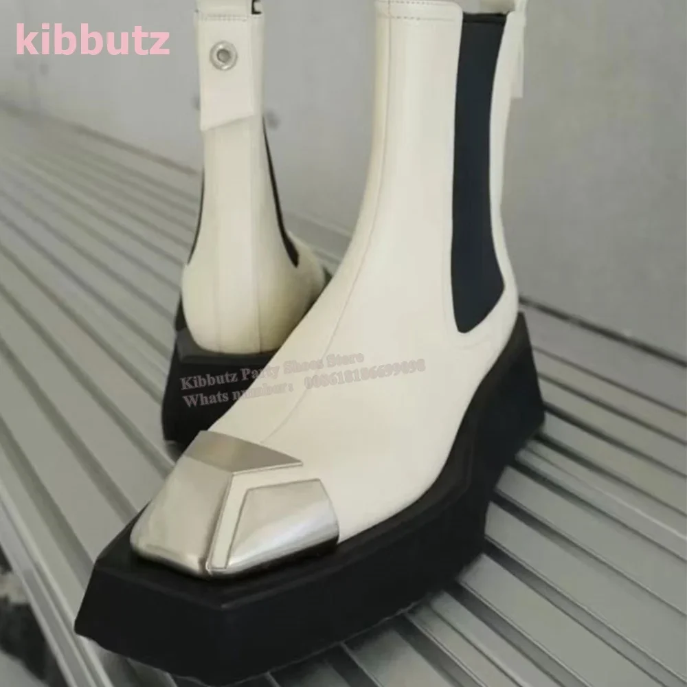 Metal Square Toe Ankle Biker Boots Thick Sole Luxury Leather Solid Color Black Slip-On British Style Fashion Elegant Sexy Shoes - Image 6