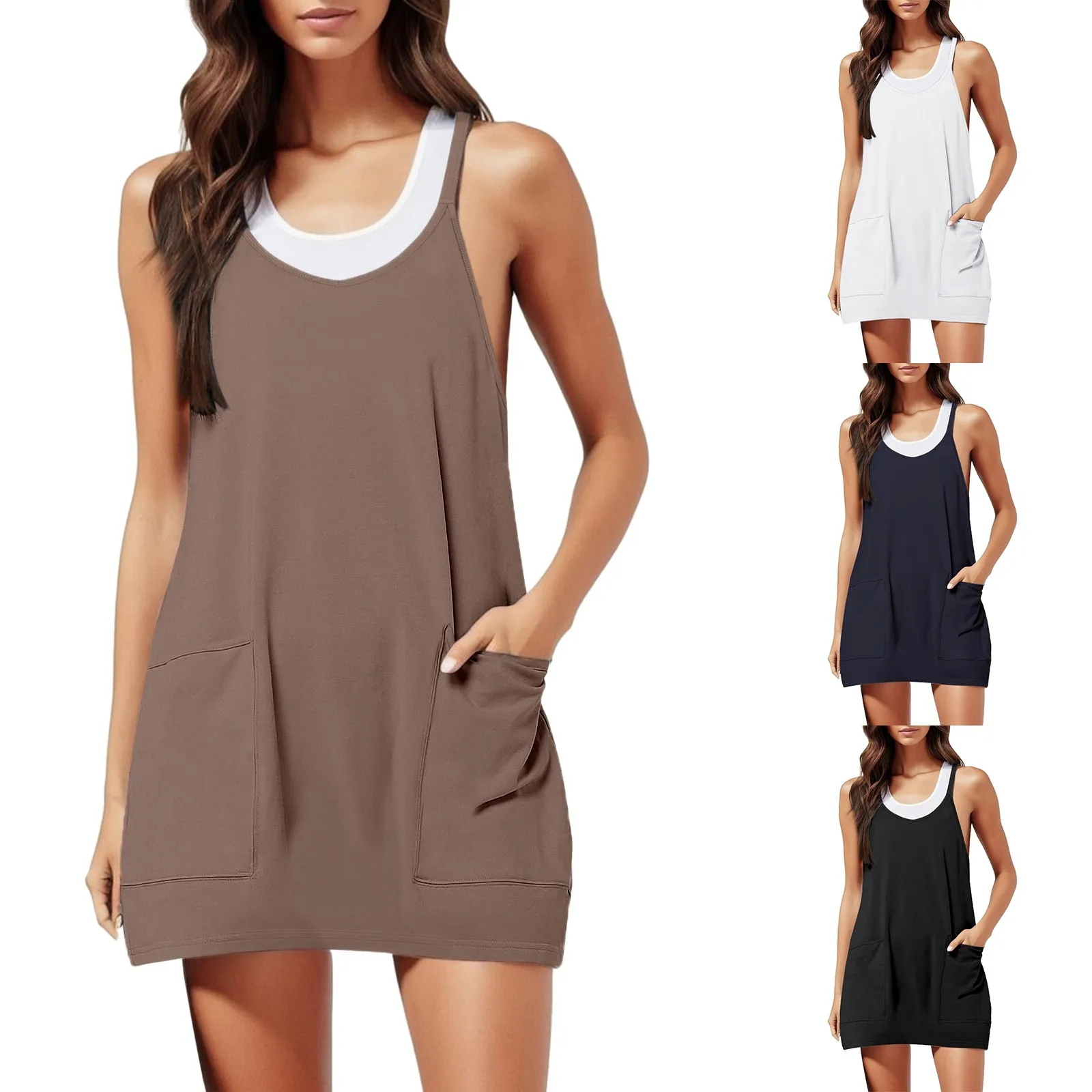 

Women's Solid Color Loose Leisure Sports Sling Skirt Double Pocket Decor Short Dress Sleeveless Beach Style Clothing For Women