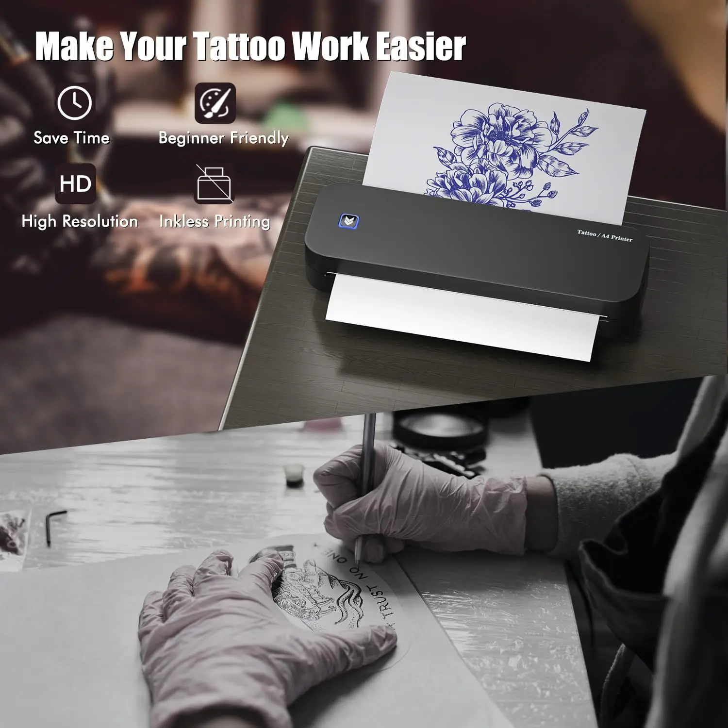 D80 Wireless Bluetooth Tattoo Printer Tattoo Artist & Beginners Stencil Transfer Thermal Printer Compatible with Smartphone & PC
