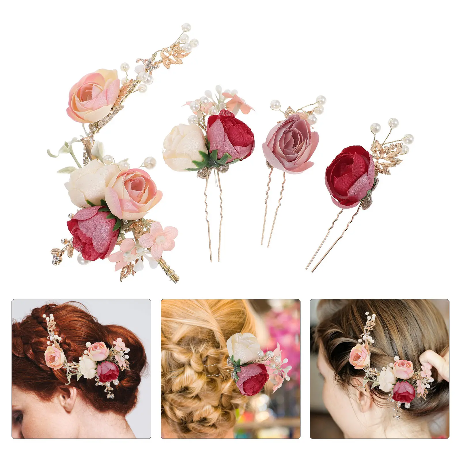 4Pcs Rose Flower Hairpin U-Shaped Fabric Bridal Hair Clips for Wedding Bridesmaid Women Floral Hair Accessories Pink