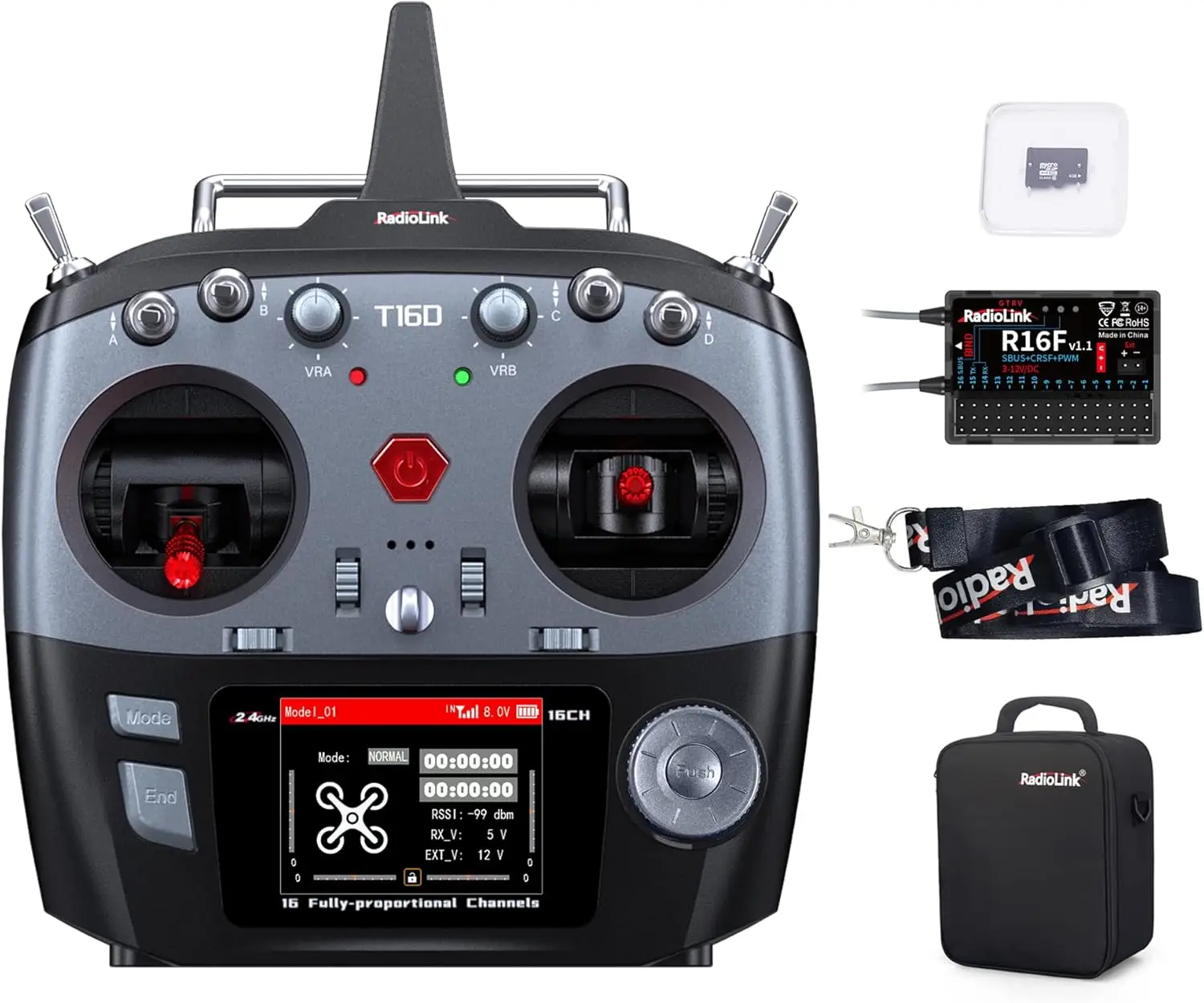 T16D 16 Channels RC Transmitter and R16F Telemetry Receiver | Nano ELRS Long Range, Voice Broadcast Support, RC Radio Remote for