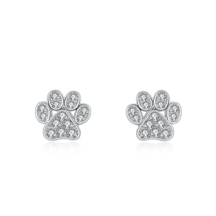 

Women Japanese Korean S925 Sterling Silver Fine Stud Cat Footprint Diamond Earrings