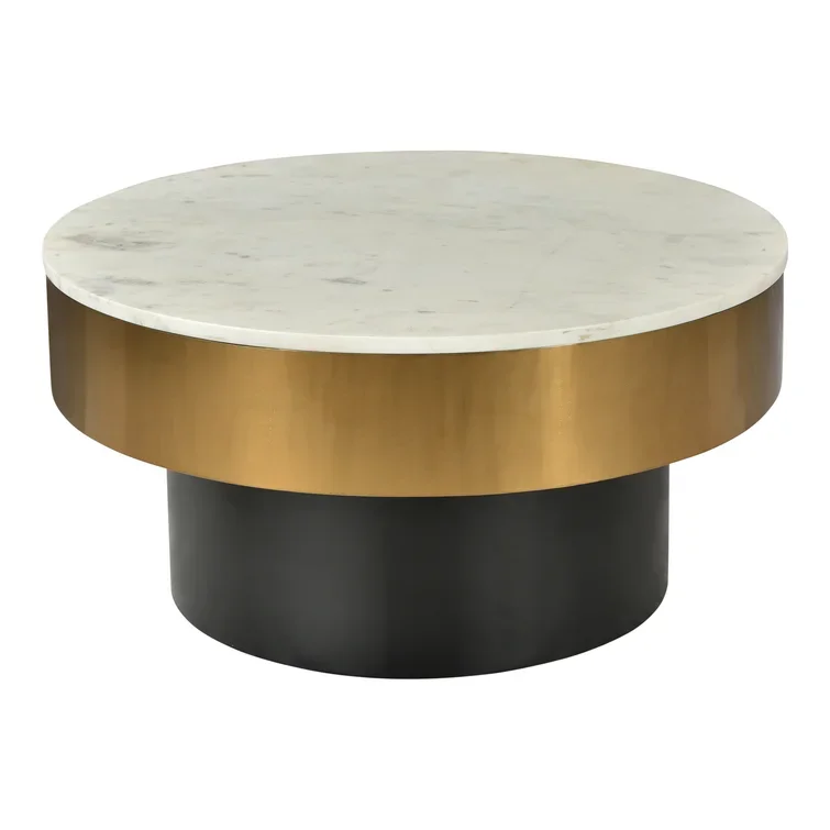 Gold Plated Round Modern Luxury Center Coffee Table with Black Base and White Marble Top for Living Room Furniture