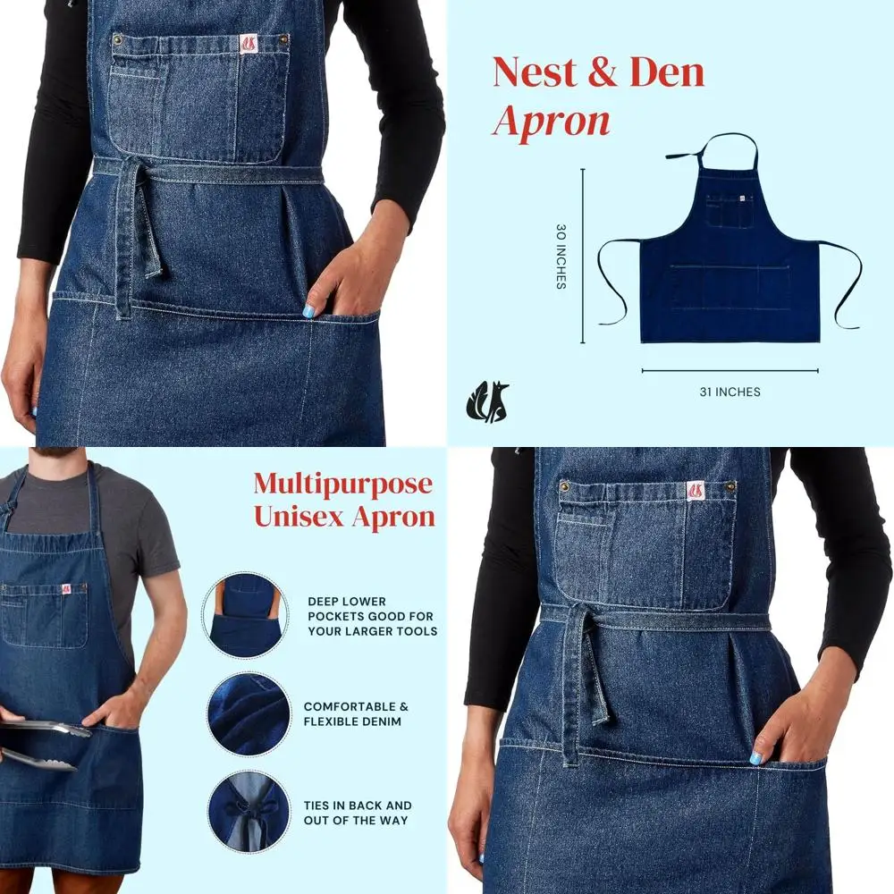 

Синий джинсовый фартук унисекс с 5 карманами: идеально подходит для стилистов, художников, повара и садожников.
