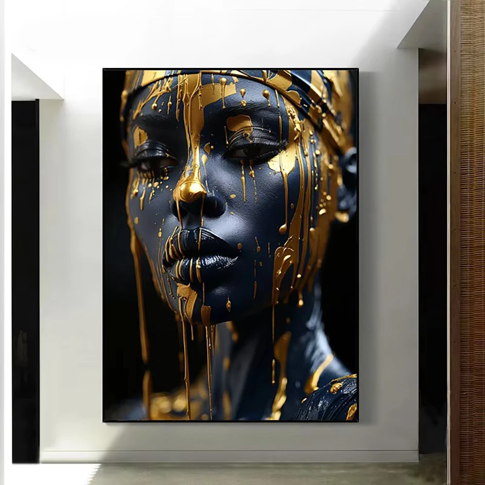Golden Radiant African Beauty Posters Print Gold and Black Woman Canvas Painting Portrait Wall Art Mural for Living Room Decor