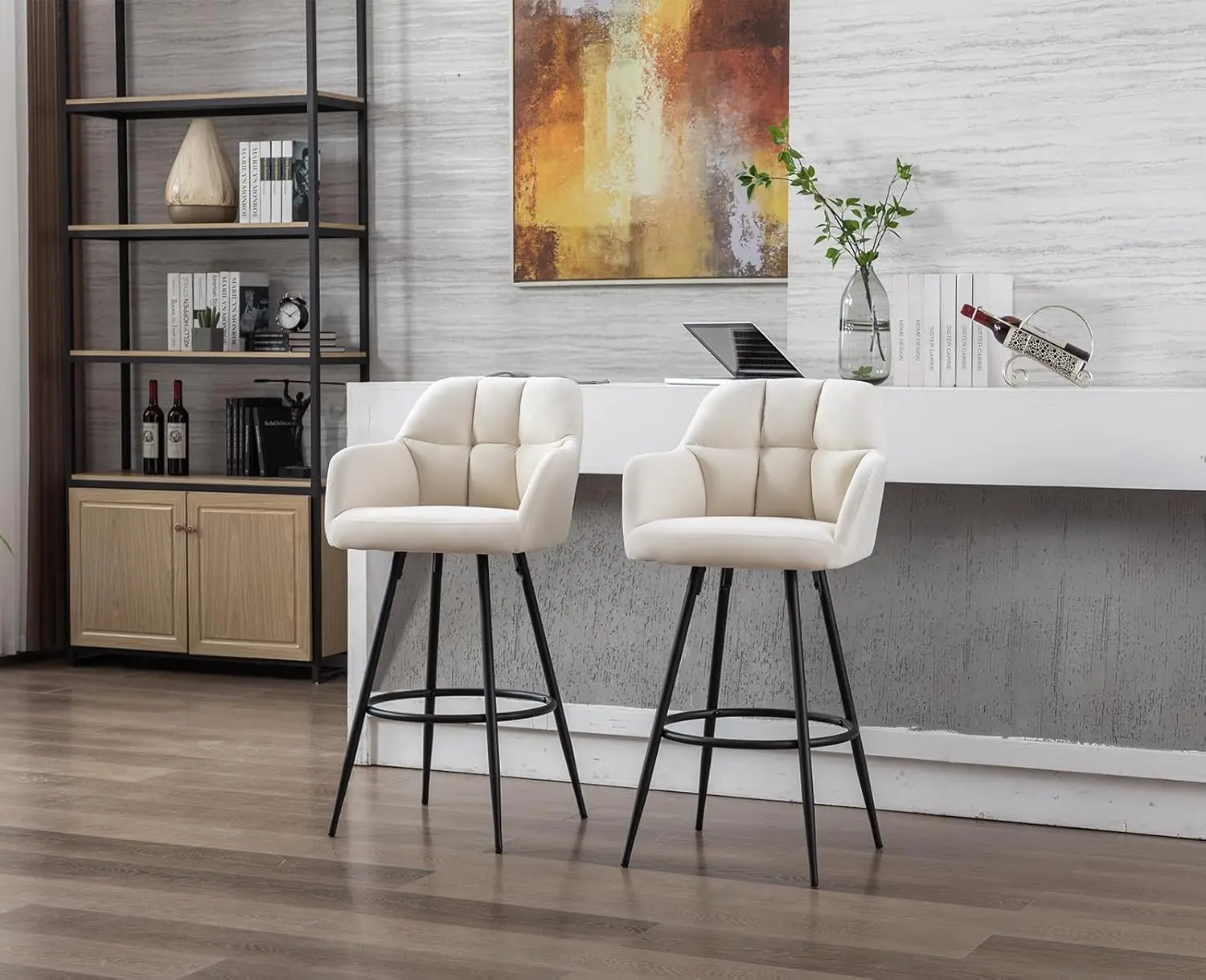 Ensemble de 4 tabourets de bar en velours beige, avec cadre en métal, style moderne et vintage