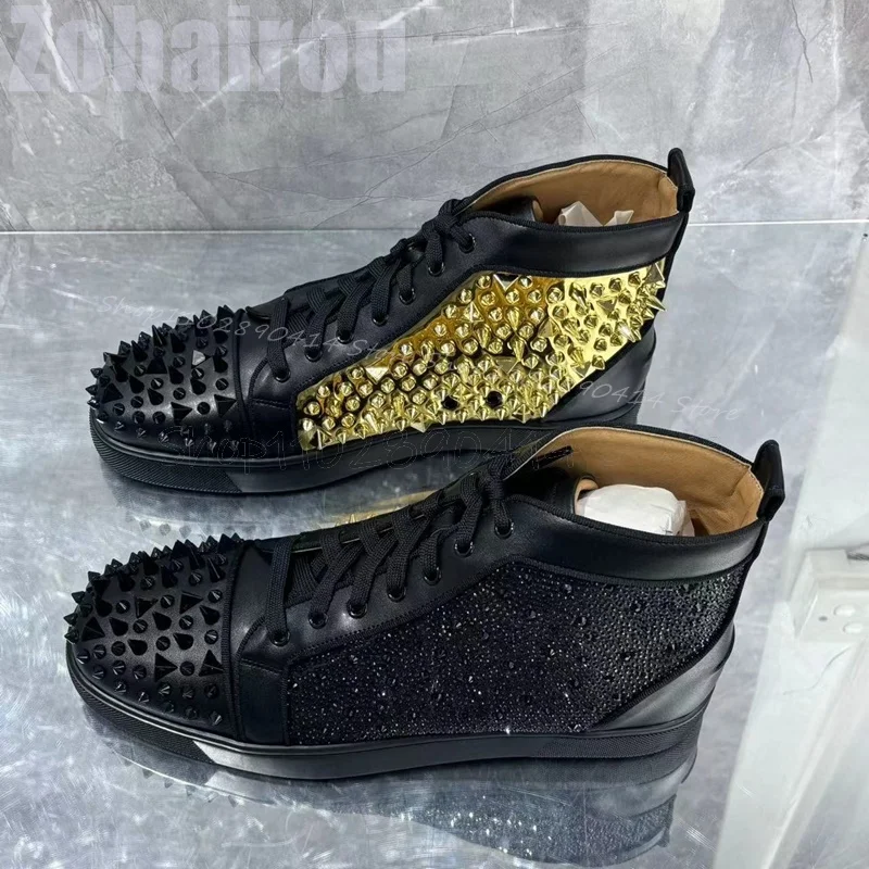 Spikes Rhinestone Decor Mixed Color High Top Men Sneakers Fashion Lace Up Men Shoes Luxury Handmade Party Feast Men Casual Shoes