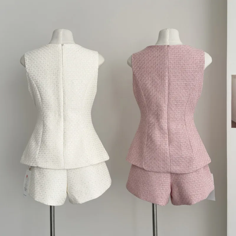 High Quality Female Tweed Sleeveless Vest Top High Waist Shorts Set Women French Slim Summer Sweet Girl Lady Two Piece Outfits