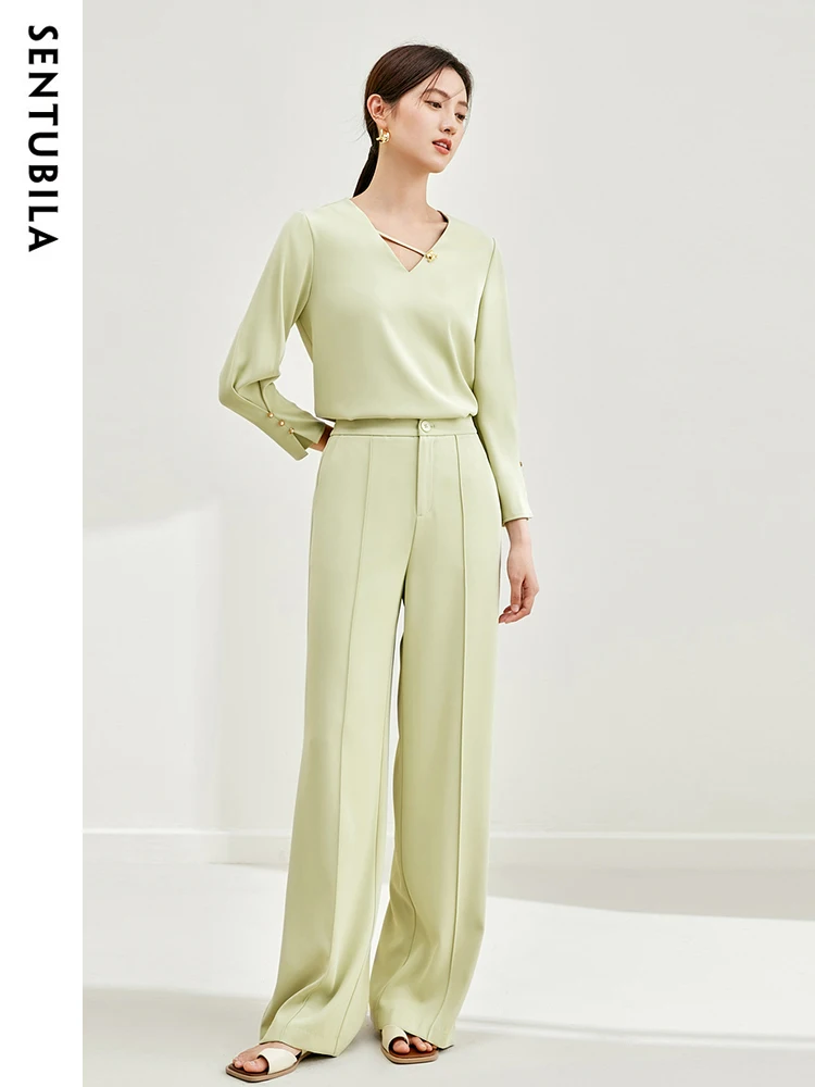 SENTUBILA Womens Spring Outfits Two Piece Pant Sets 2024 Elegant V-neck Long Sleeve Blouse Wide Leg Pant Matching Set M33Z50441