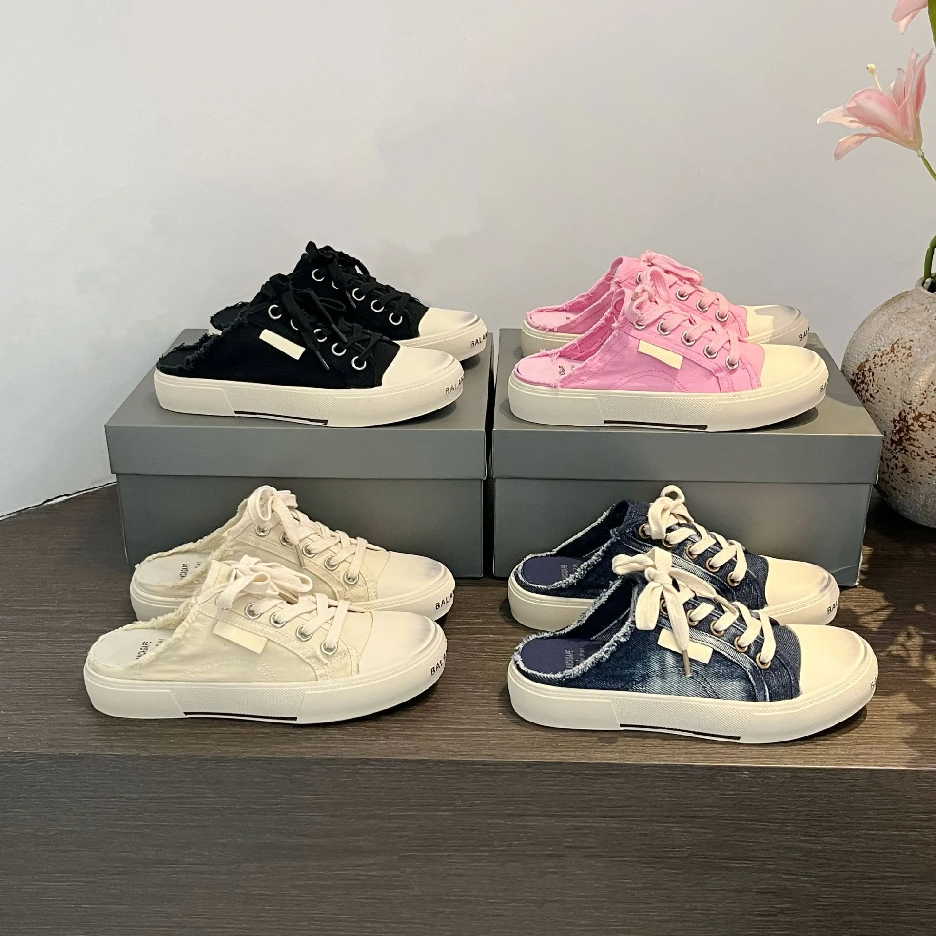 

Worn-In Canvas Slip-On round Toe Knot Tied Breathable Half Slippers Women's Low Heel Casual Shoes Durable Rubber Outsole