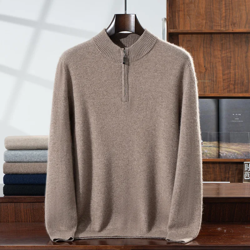 Autumn Winter New Mock Neck 100% Cashmere Pullover Sweater Men's Soild Half Zipper Casual Versatile Knit Basic Long Sleeve Tops