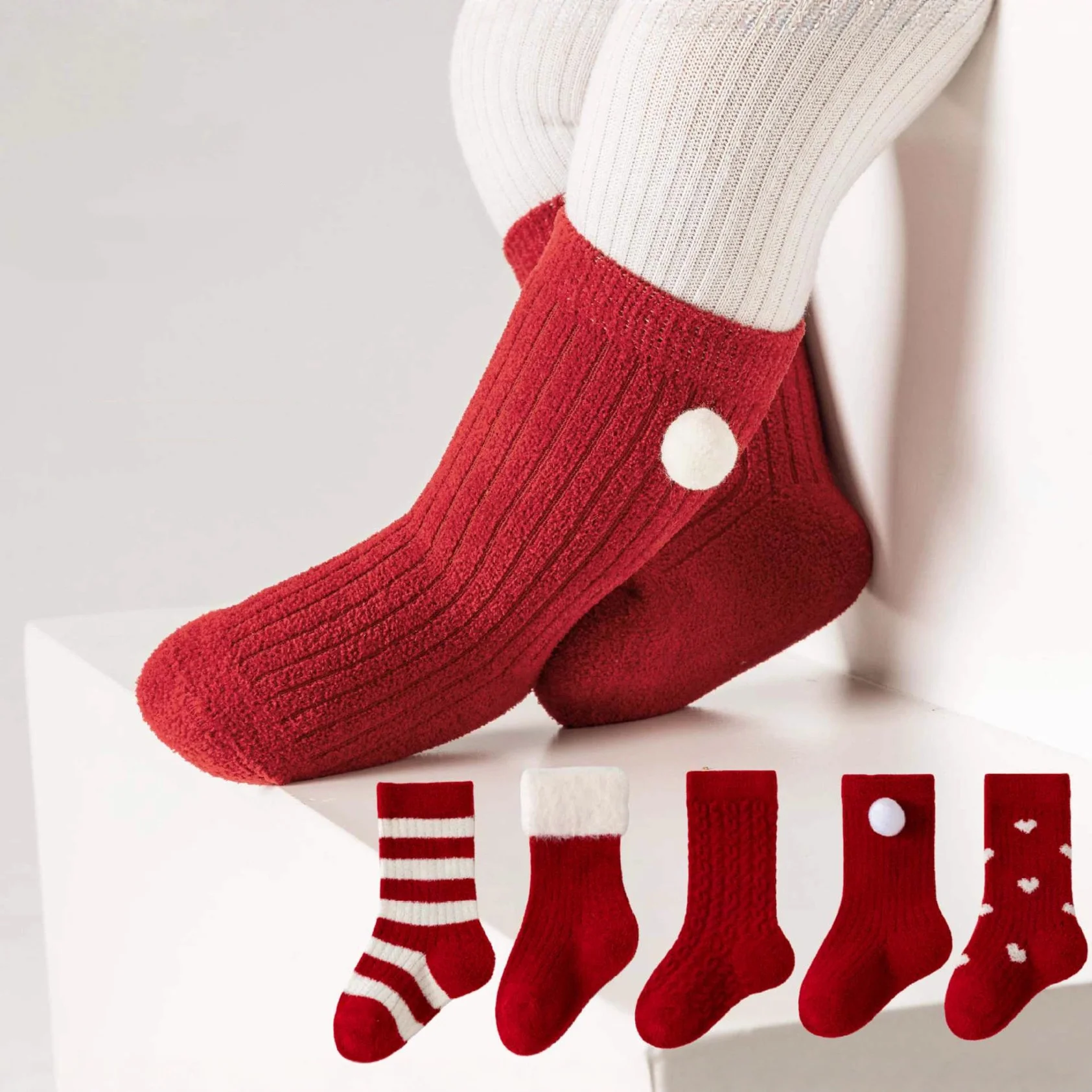 Kids Red New Year Socks Newborn Baby Thickened Velvet Toddler Mid Socks Infant Girls Boys Soft Winter Warm Festive Socks 0-3Year
