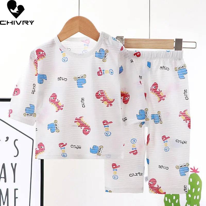 Kids Boys Girls Pajamas New 2023 Spring Thin Cute Cartoon Long Sleeve O-Neck T-Shirt Tops with Pants Baby Sleeping Clothing Set