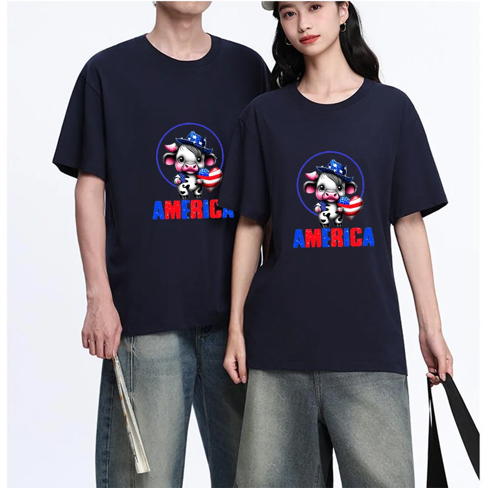 Cute American Cow Print With USA Flag Heart Printed T Shirt Cotton S-XXL Personalized Custom T Shirt Casual Short Sleeve Tee Aes