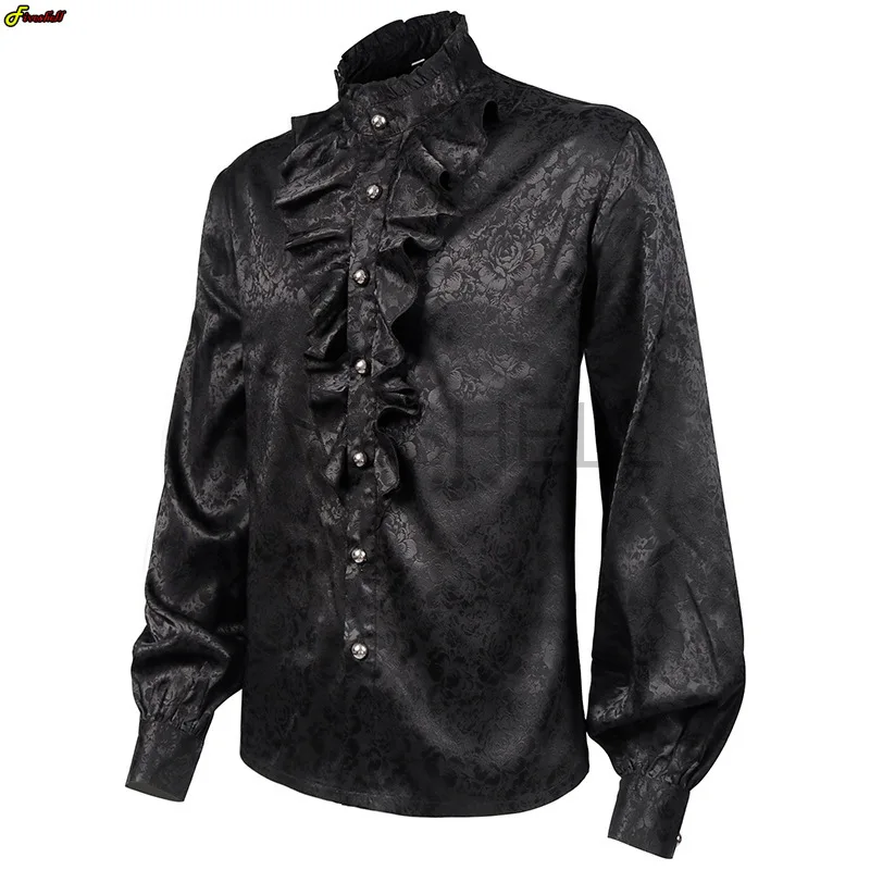 Medieval Men\'s Velvet Ruffle Vintage Shirts Victorian Blouse Long Sleeve Wine Red Lace Trim Steampunk Vampire Halloween Costume