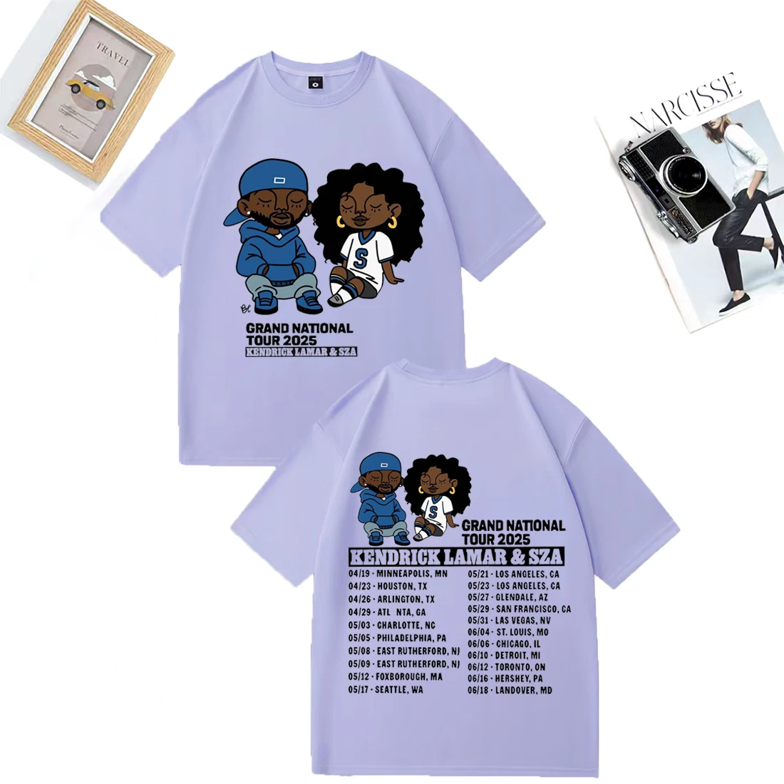 Kendrick and Sza Grand National Tour 2025 2 sided print T-Shirt Men Woman Vintage Hip Hop streetwear Cotton short sleeve tshirts