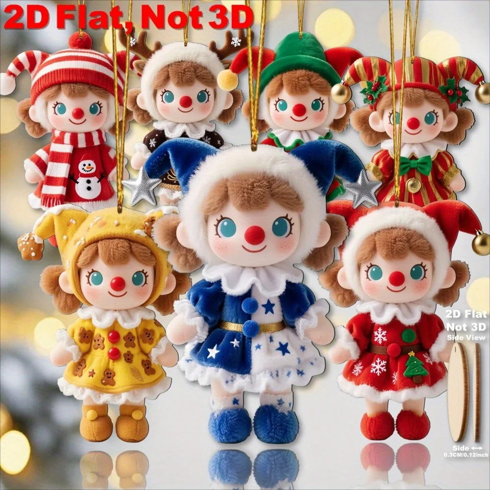 12 stücke 2D Flache Bunte Weihnachtsbaum Puppe Ornamente 2D Gedruckt Holz Anhänger Weihnachten Home Party Dekoration Festliche Ornament