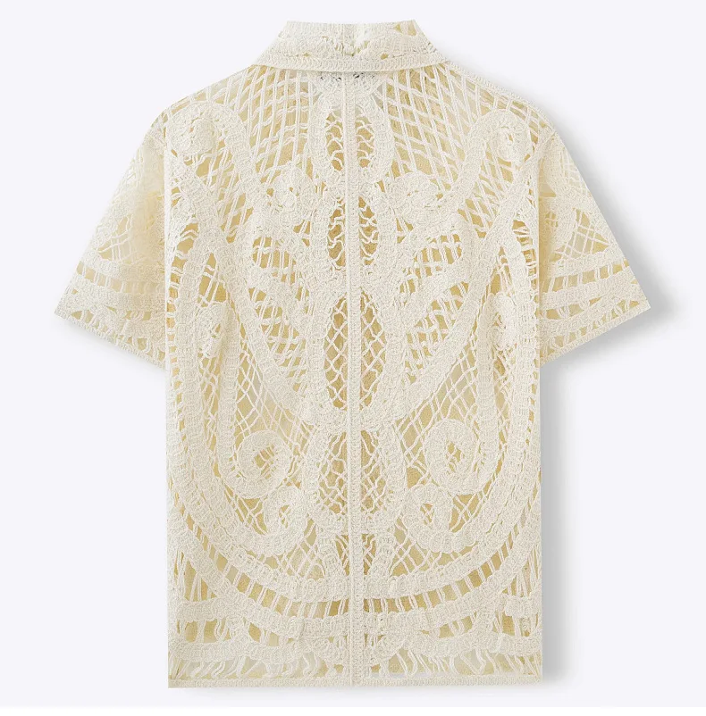 Men's clothing_European and American sexy men's hollow knit sweater_short-sleeved hand-crocheted cardigan POLO shirt