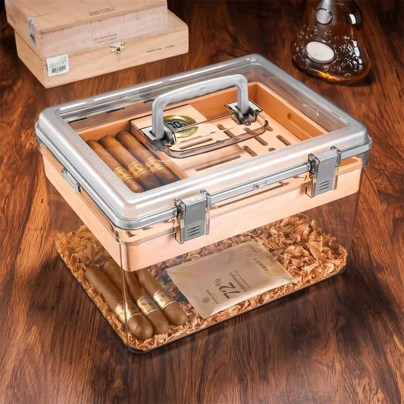 Portable Humidor Cigar Case with Humidifier Hygrometer Cedar Wood Sealed Transparent Box Moisturizing Travel Smoking Accessories