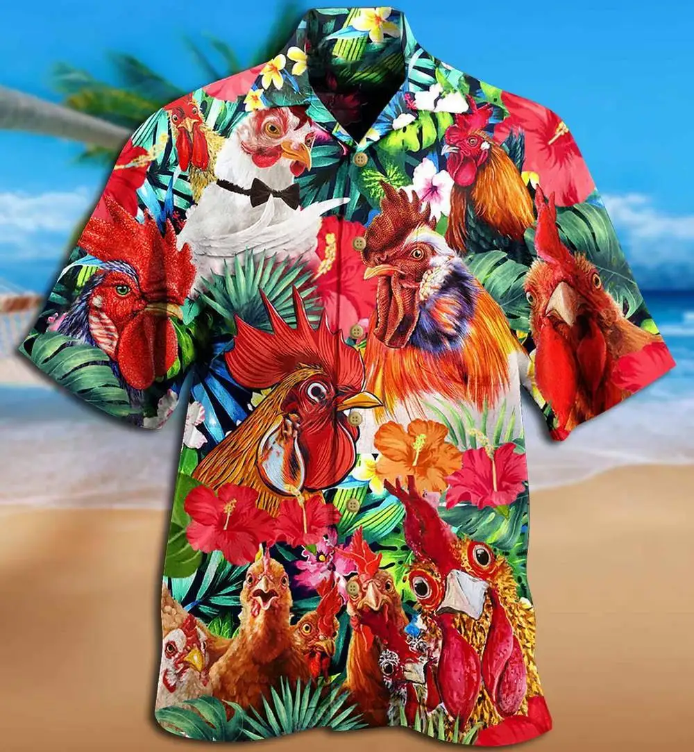 2024 Hawaiian Men's Shirts Funny Rooster Casual Beach Summer Tops Cuban Style Plus Size Fat Shirts For Men Button Up Streetwear