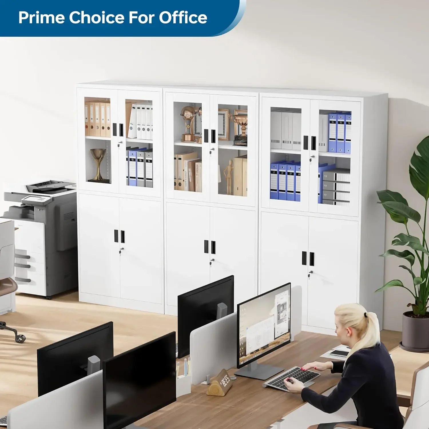 71 Inch White Metal Glass Door Locking Display Cabinet With Adjustable Shelves For Home Office Clinic Pantry Assemble Required