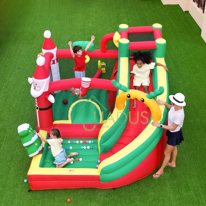 

Outdoor Bounce House with Slide Courtyard Air Jumping Inflatable Castle with Bubble Pool Christmas Party Bouncy Castle for Kids